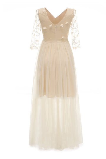 Vestido Vintage Mangas Largas Tul Albaricoque Apliques